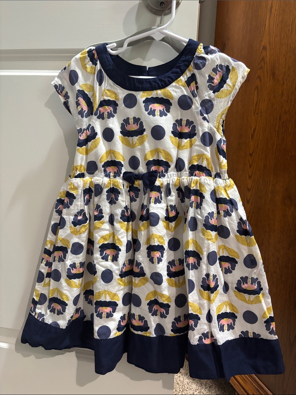 Girls Navy and White Floral Dot Cotton Dress with Yellow Accents